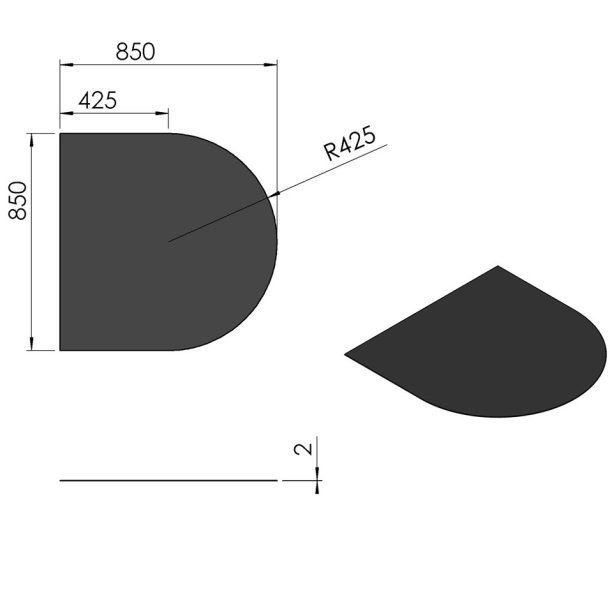 Lige med cirkelbue 850x850 (845x850mm) sort stl